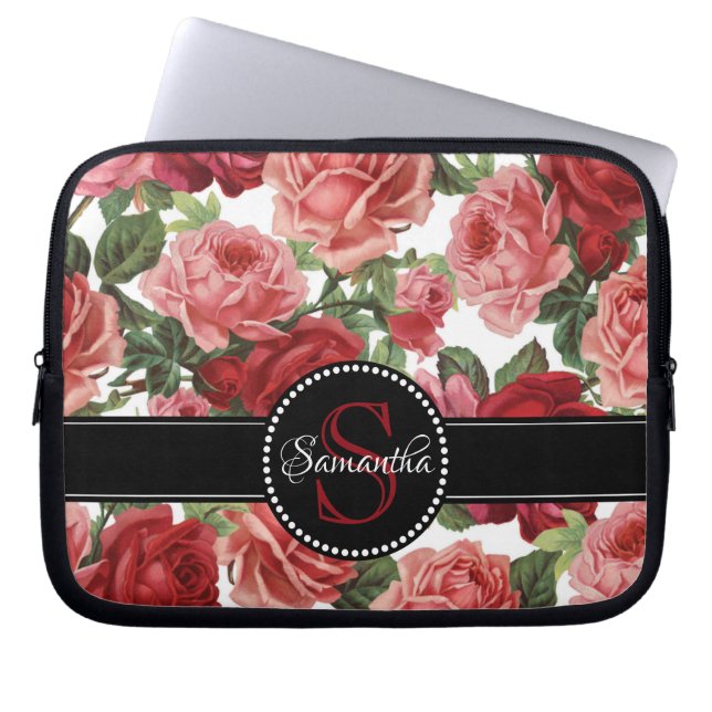 Chic Elegant  Roze Rode rozen florale naam Laptop Sleeve (Voorkant)