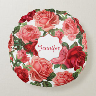 Chic Elegant Roze Rode rozen florale naam Rond Kussen