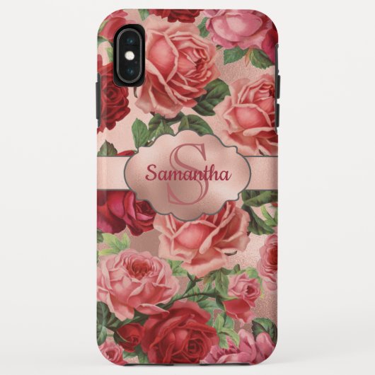 Chic Elegant  Roze Rood Roses Floral Name Case-Mate iPhone Case (Achterkant)