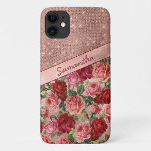 Chic Elegant  Roze Rood Roses Floral Name Case-Mate iPhone Case