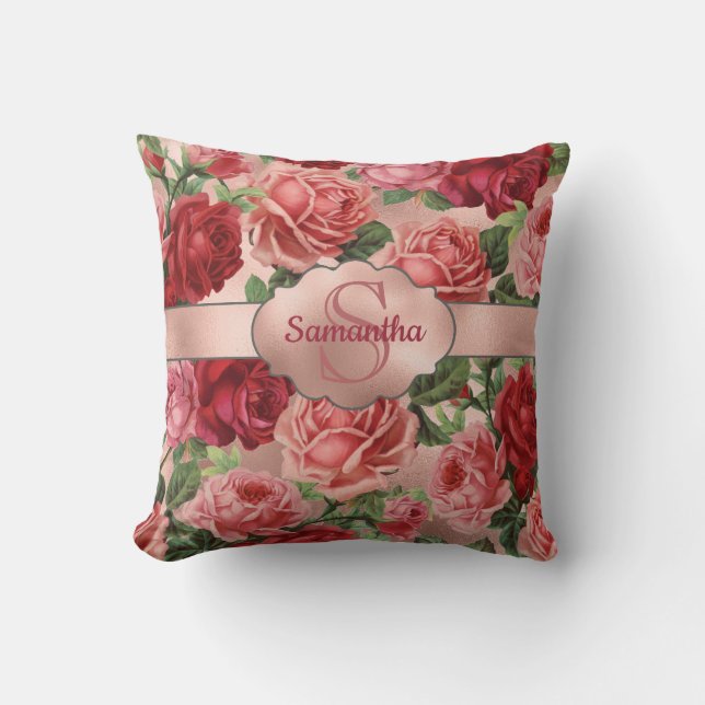 Chic Elegant  Roze Rood Roses Floral Name Kussen (Voorkant)