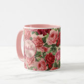 Chic Elegant  Roze Rood Roses Floral Name Mok (Voorkant links)