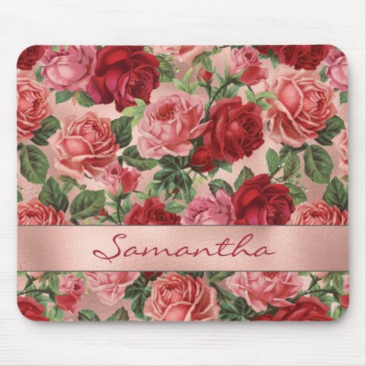 Chic Elegant  Roze Rood Roses Floral Name Muismat (Voorkant)