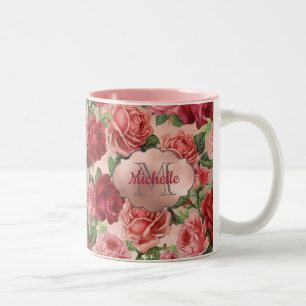 Chic Elegant  Roze Rood Roses Floral Name Tweekleurige Koffiemok