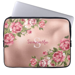 Chic Elegant  Roze Roses Floral Name Laptop Sleeve