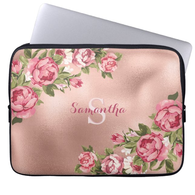 Chic Elegant  Roze Roses Floral Name Laptop Sleeve (Voorkant)