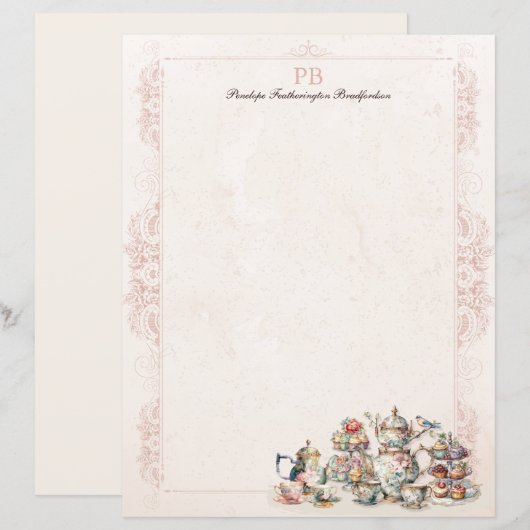 Chic Elegant Roze Thee Monogrammed Papier van het  (Voorkant / Achterkant)