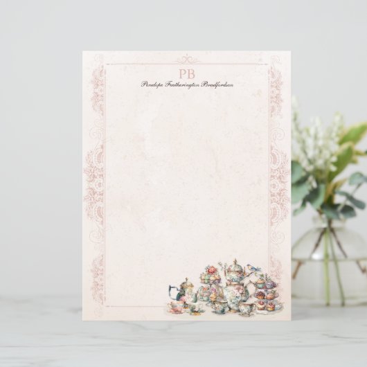 Chic Elegant Roze Thee Monogrammed Papier van het  (Staand voorkant)