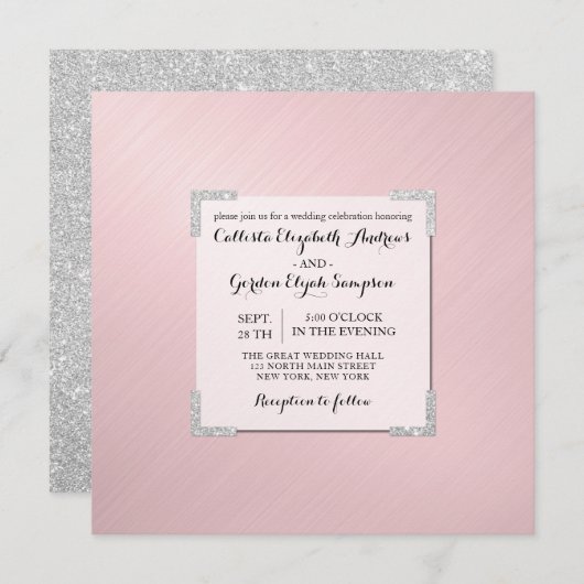 Chic Elegant Roze Zilveren Glitter Metallic Weddin Kaart (Voorkant / Achterkant)