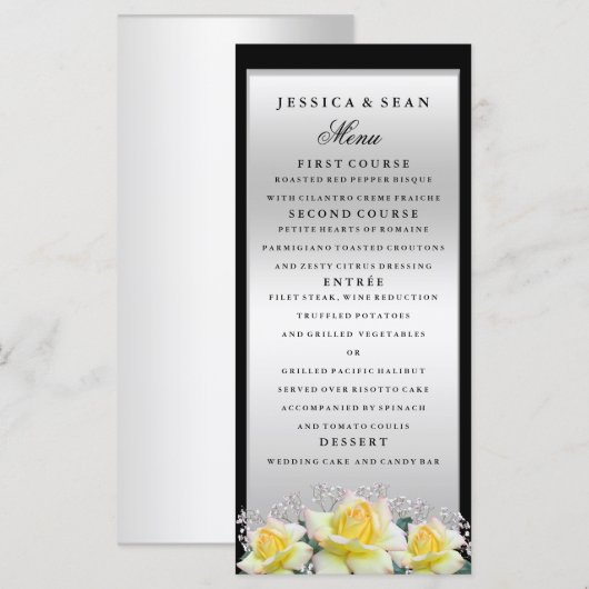 Chic Elegant Rozen Silver Wedding Menu (Voorkant / Achterkant)