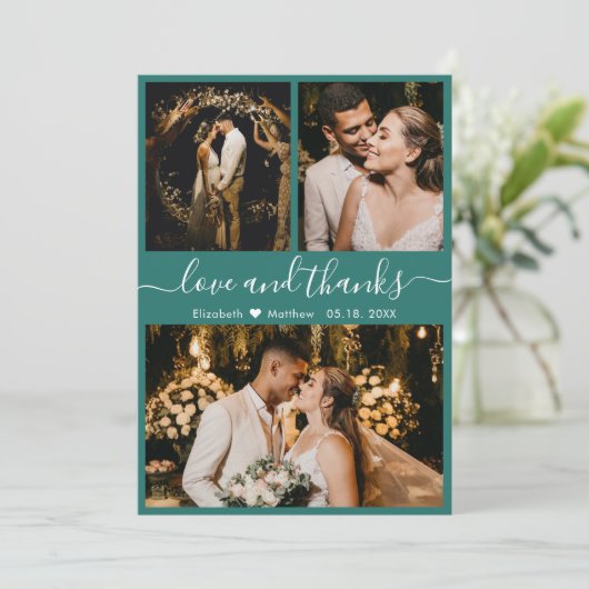 Chic Elegant Script 3 Photo Collage Wedding Bedankkaart (Staand voorkant)