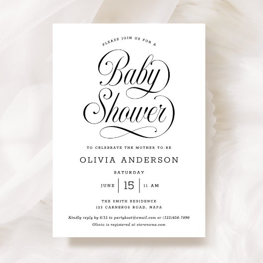 Chic Elegant Script Black & White Baby Shower Kaart