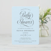 Chic Elegant Script Light Blue Boy Baby Shower Kaart (Staand voorkant)