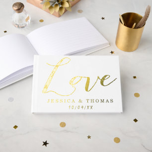 Chic Elegant Script "Love" Echte Folie bruiloft Gastenboek