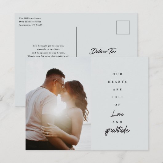 Chic Elegant Script Trouwdatum Aangepaste Foto Bed Briefkaart (Voorkant / Achterkant)