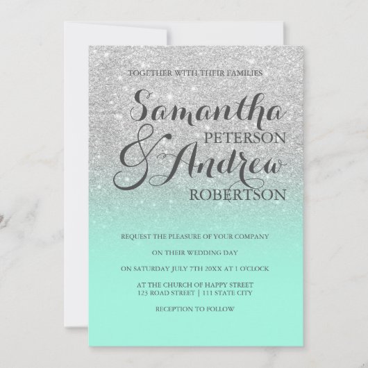 Chic elegant Silver Glitter Mint Groen bruiloft Kaart (Voorkant)