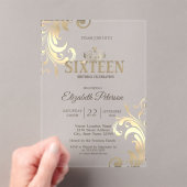 Chic Elegant Swirls Gold Tiara Sweet 16 Acryl Uitnodigingen (Insitu (Draagbaar))
