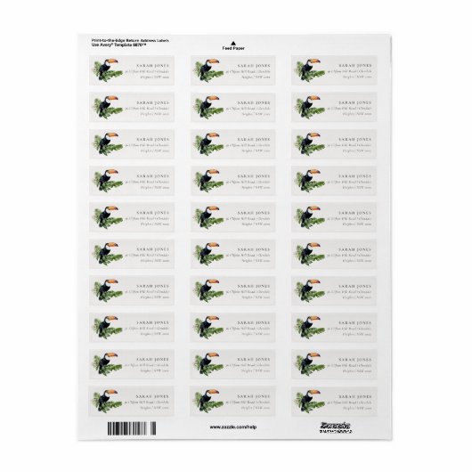 Chic Elegant Tropical Rainforest Toucan-adres Etiket (Full Sheet)