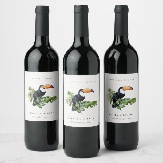 Chic Elegant Tropical Rainforest Toucan Wedding Wijn Etiket (Flessen)