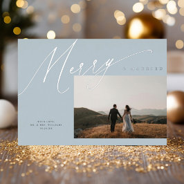 Chic Elegant Vrolijk & Getrouwd Een Foto Dusty Blu Folie Feestdagenkaart