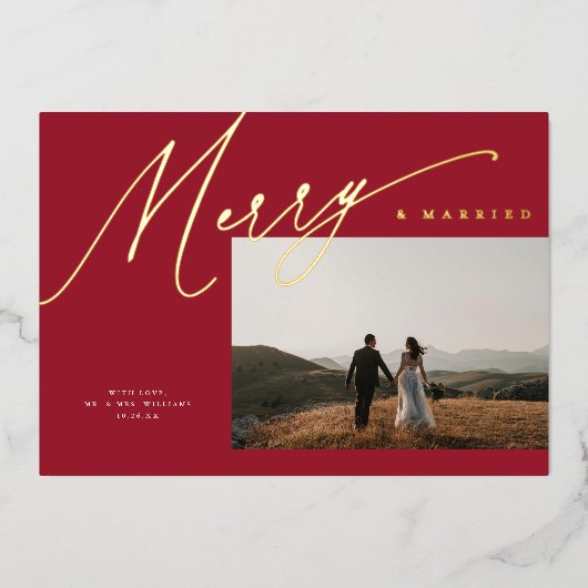 Chic Elegant Vrolijk & Getrouwd Een Foto Rood + Go Folie Feestdagenkaart (Voorkant)