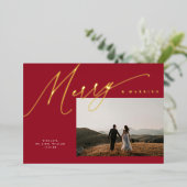 Chic Elegant Vrolijk & Getrouwd Een Foto Rood + Go Folie Feestdagenkaart (Staand Voorkant)