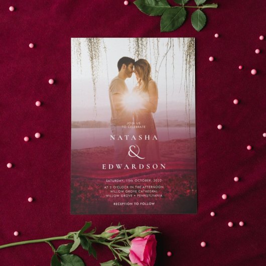 Chic Elegant Wavy Burgundy Abstract Foto Weddensch Kaart