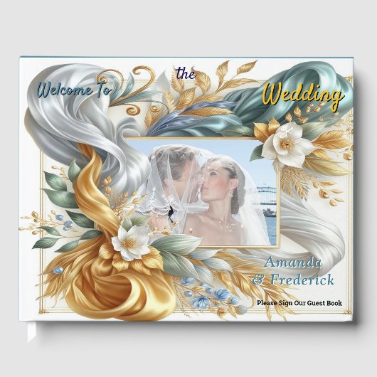 Chic Elegant Wervelt in Goud, Zilver, Blauw, Geel Gastenboek (Voorkant)