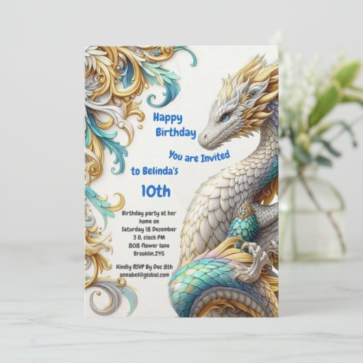 Chic Elegant Wervelt In Goud, Zilver Speelse Draak Kaart (Staand voorkant)