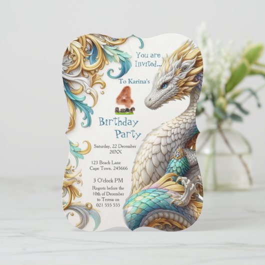 Chic Elegant Wervelt In Goud, Zilver Speelse Draak Kaart (Staand voorkant)