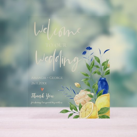 Chic Elegant Zomer Lemon Bloemen Huwelijk Welkom Acryl Bord (Neutraal)