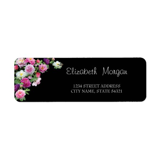 Chic Elegant, Zwart, Bloemen Adreslabel Etiket (Voorkant)