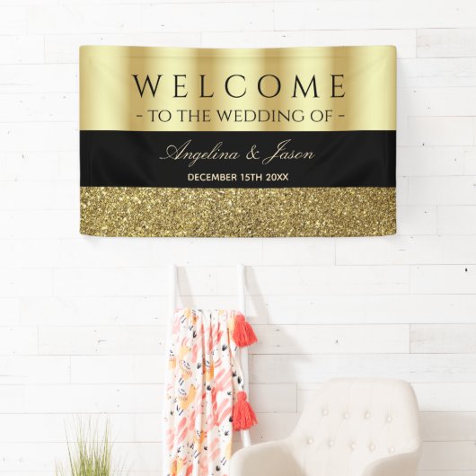 Chic Elegant Zwart en Goud Huwelijk Welkom Spandoek (Insitu)