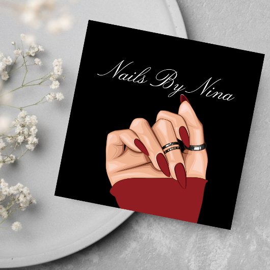 Chic Elegant Zwart & Rode Nail Salon Manicurist Vierkante Visitekaartje