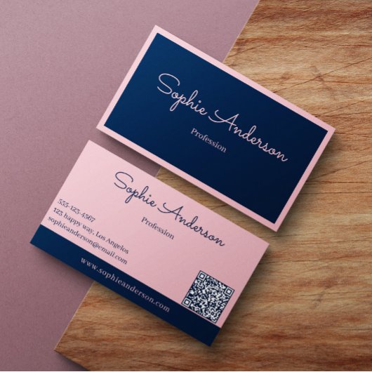 Chic Elegante Roze & Marineblauw met QR-code Visitekaartje
