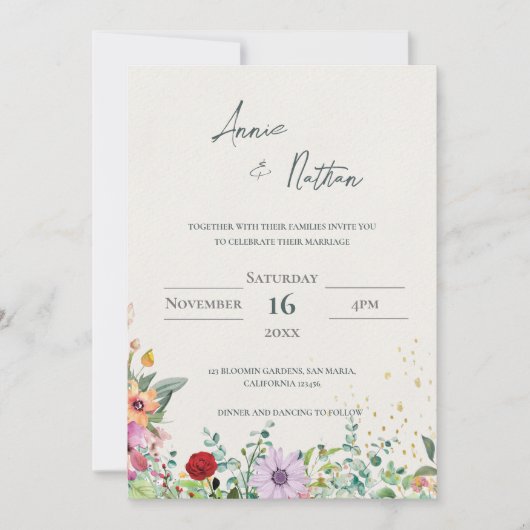 Chic Elegante Waterverf Wildflowers Bloemenbruilof Kaart (Voorkant)