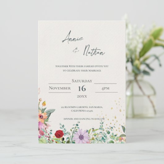 Chic Elegante Waterverf Wildflowers Bloemenbruilof Kaart (Staand voorkant)