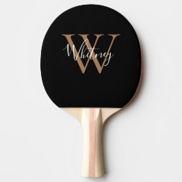 Chic Elegante Zwarte Gouden Monogram Script Naam  Tafeltennisbatje