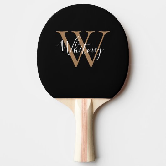 Chic Elegante Zwarte Gouden Monogram Script Naam Tafeltennisbatje (Voorkant)