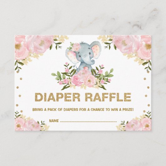 Chic Elephant Blush Gold Floral Baby Luier Raffle Informatiekaartje (Voorkant)