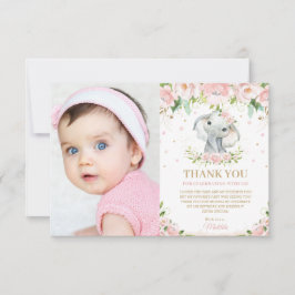 Chic Elephant Blush Pink Floral 1st Birthday Foto Bedankkaart