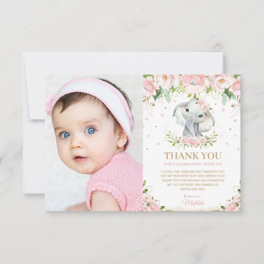 Chic Elephant Blush Pink Floral 1st Birthday Foto Bedankkaart (Voorkant)
