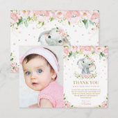 Chic Elephant Blush Pink Floral 1st Birthday Foto Bedankkaart (Voorkant / Achterkant)
