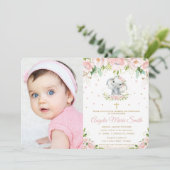 Chic Elephant Blush Roze Bloemen Doop Foto Kaart (Staand voorkant)