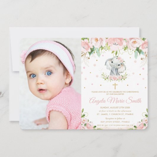 Chic Elephant Blush Roze Bloemen Doop Foto Kaart (Voorkant)