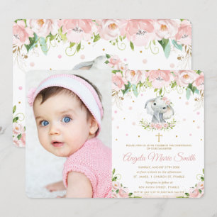 Chic Elephant Blush Roze Bloemen Doop Foto Kaart