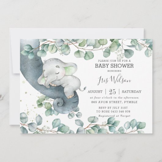 Chic Elephant Greenery Gender Neutral Baby shower  Kaart (Voorkant)