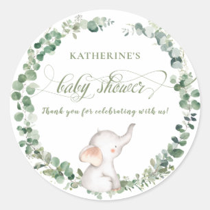 Chic Elephant Greenery Gender Neutral Baby shower Ronde Sticker