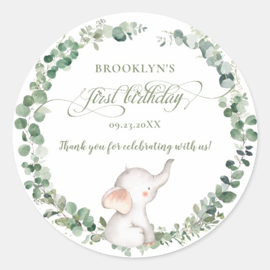 Chic Elephant Greenery Geslachtsneutraal 1e Verjaa Ronde Sticker (Voorkant)
