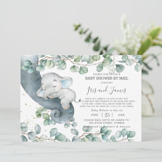 Chic Elephant Greenery Virtual Baby shower by Mail Kaart (Staand voorkant)